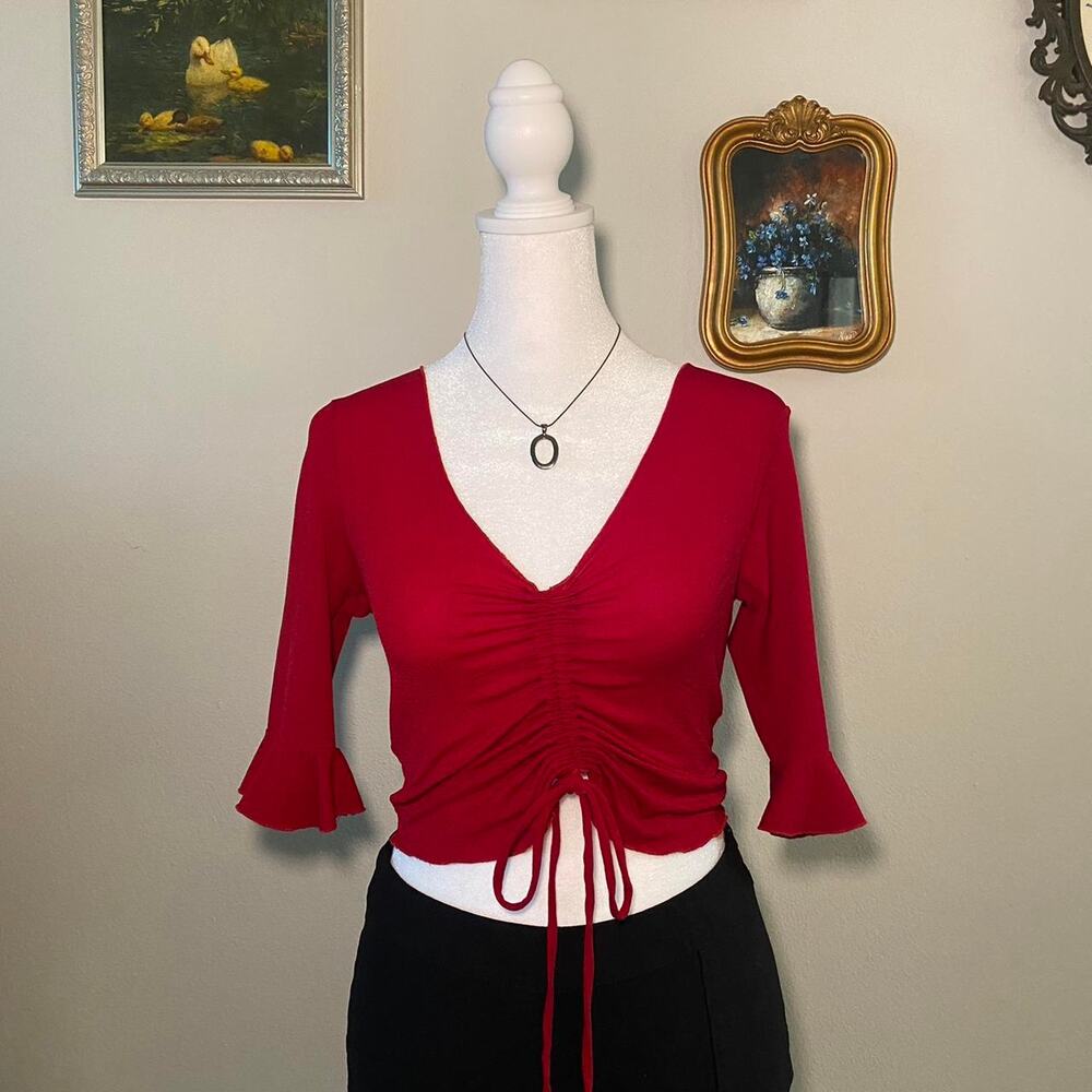Vintage Y2K Charlotte Russe Red Ruched Tie-Front Cropped Top